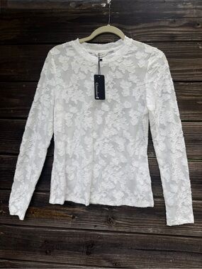 White Floral Lace Sheer Mesh Long Sleeve Top L Coquette Y2K Going Out Bodycon